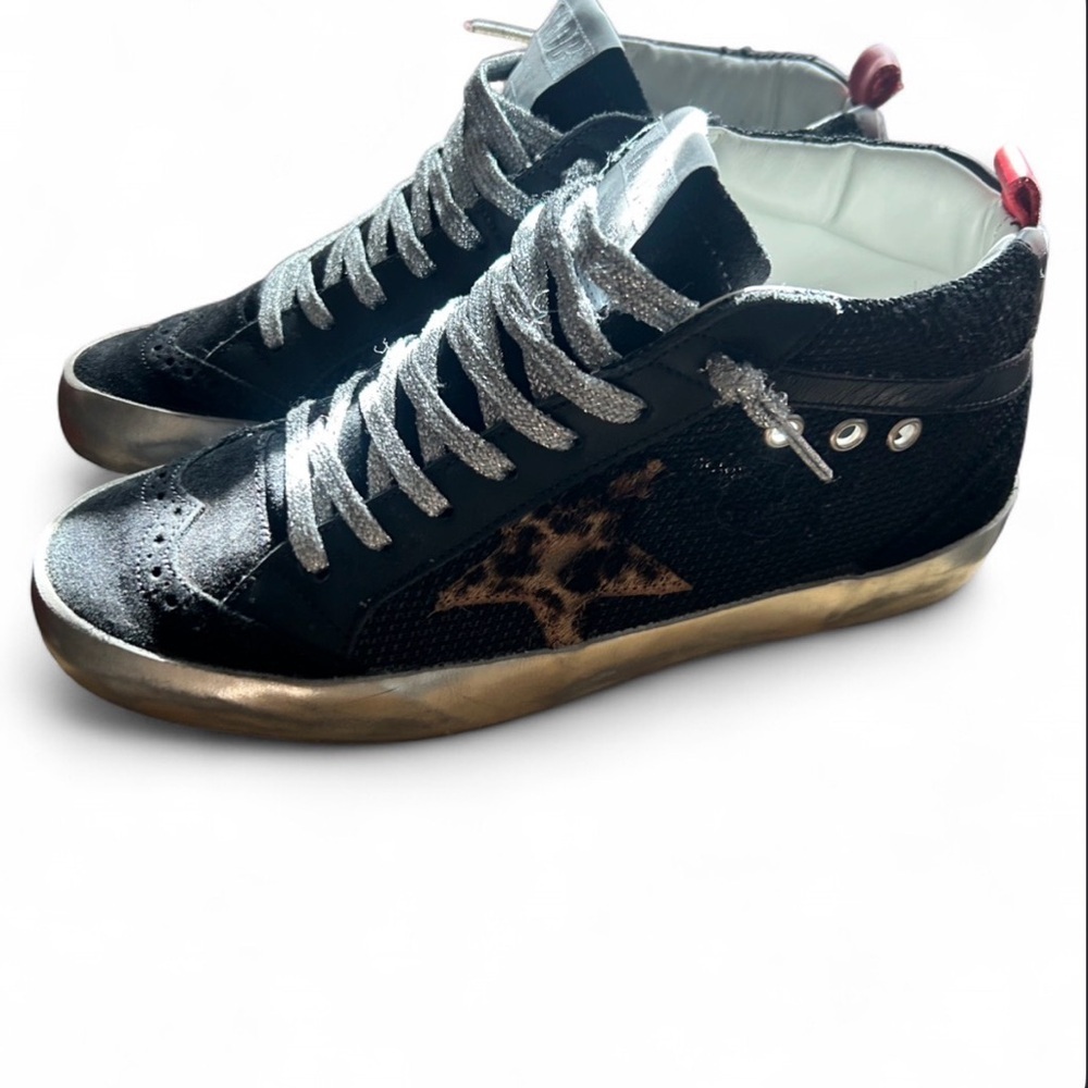 Golden Goose Mid/Star Black & Silver, Leopard Stars, Sz. 37